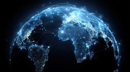 Global network.  Detailed view of Earth, rendered with glowing, interconnected points and lines.  Illustrates global connectivity and communication