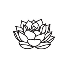 a black and white line drawing of a succulent or flowering plant with intricate, overlapping petals or leaves. The overall shape resembles a rosette or spiral pattern, creating a visually striking