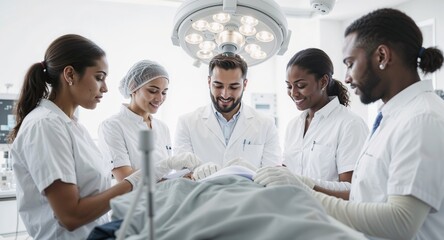 Diverse Medical Team Preparing for Surgery or Procedure in Operating Room