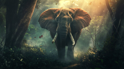 Majestic God Ganesha Elephant in Lush Forest Artistic Powerful Wildlife