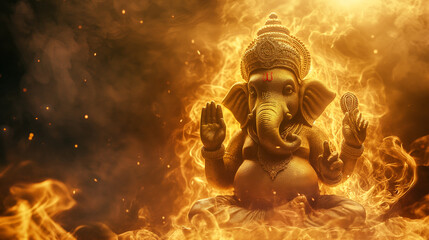 Golden God Ganesha with Fire Hindu Deity Spiritual Icon Indian Culture Religious Art