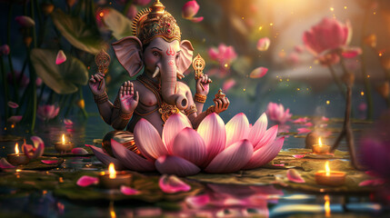 God Ganesha on Lotus Flower with Candles and Floral Decorations Serene Hindu Deity