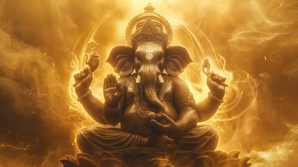 Golden God Ganesha Statue Meditating with Sacred Symbols Divine Hindu Deity Art