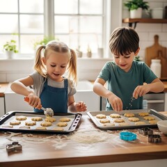 Two children decorating cookies in a kitchen.