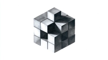 Pencil sketch of a 3x3 cube composed of smaller cubes, some protruding, on white