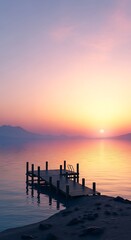 Obraz premium Wooden pier at sunrise over calm lake.