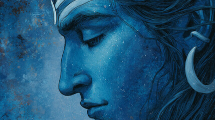 Meditative God Shiva blue portrait cosmic serenity Hindu deity peace spirituality