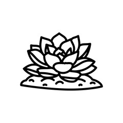 black and white line drawing of a succulent or flowering plant with intricate, overlapping petals or leaves. The overall shape resembles a rosette or spiral pattern, creating a visually striking and g