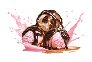 Splash Ice cream with chocolate sauce, caramel drizzle, and pink ice cream isolated on a transparent background