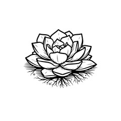 black and white line drawing of a succulent or flowering plant with intricate, overlapping petals or leaves. The overall shape resembles a rosette or spiral pattern, creating a visually striking and g