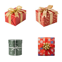 A collection of four beautifully wrapped Christmas presents. Festive holiday gift boxes isolated on a transparent background.