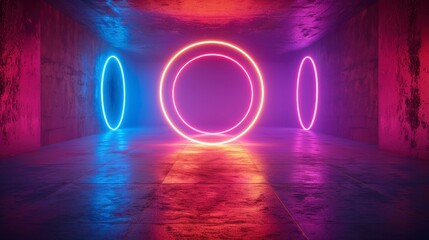 Neon circles in concrete room, reflected on floor. Light is bright pink, red, blue, and purple