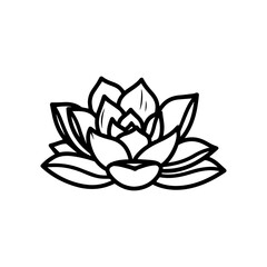 black and white line drawing of a succulent or flowering plant with intricate, overlapping petals or leaves. The overall shape resembles a rosette or spiral pattern, creating a visually striking and g