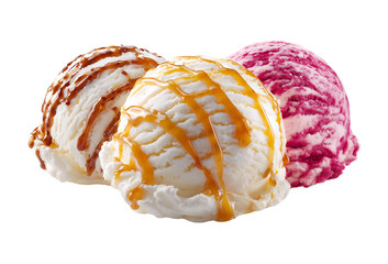 Three scoops of ice cream white chocolate sauce and caramel drizzle on top isolated on a transparent background