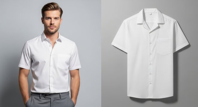 A handsome man in a crisp white shortsleeved shirt and grey trousers poses confidently