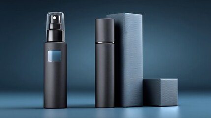 Elegant cosmetic product packaging and sprayer bottles in minimalist dark design concept