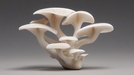Fototapeta premium Elegant cluster of white oyster mushrooms against a soft grey backdrop