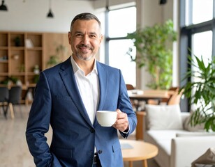 オフィスでコーヒーを楽しむシニアビジネスマン