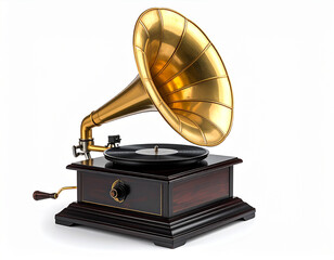 Vintage Gramophone on White: Classic Antique Music Player with Brass Horn and Wooden Base, Retro Audio Device Ideal for Nostalgia, History, or Old Music Concepts