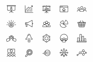 Fototapeta premium A versatile marketing bundle illustrating campaign planning, data analysis, and customer engagement in minimalist line art. Perfect for presentations, reports, and marketing materials