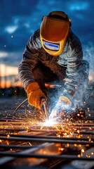 welder works on a steel frame at night