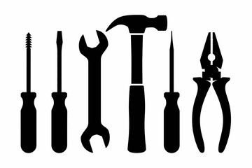 Collection of black silhouetted hand tools isolated on white background