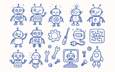 Hand drawn Cute Robots  for sticker or notebook illustration