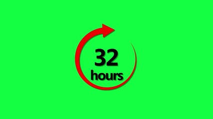 Clock 32 hours icon, isolated on green background with alpha channel.32 Hours Delivery Countdown Animation | Red  arrow  Icon Loop with green   Background.4k video 