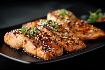 Appetising Grilled Sesame Salmon on a Black Plate: A Perfect Bar-B-Q Dinner Experience