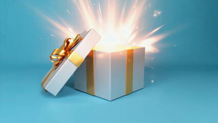 open gift box with glowing light on blue background.ai 