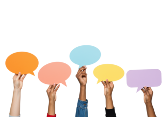 Multiple adult hands, diverse skin tones (light, olive, dark), well-groomed, reaching up, holding vibrant modern orange, pink, yellow, blue, lavender speech bubbles against a bright white studio