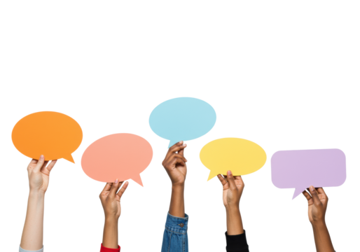 Multiple adult hands, diverse skin tones (light, olive, dark), well-groomed, reaching up, holding vibrant modern orange, pink, yellow, blue, lavender speech bubbles against a bright white studio - Powered by Adobe