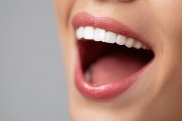 Vibrant Closeup of Young Woman Laughing with Radiant White Teeth Against a Fresh Background