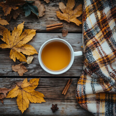 Overhead flat lay of a cozy autumn tea scene on a rustic wooden table. The setup includes a warm cup of tea, cinnamon sticks, a plaid blanket, and fall leaves, evoking a comforting seasonal atmosphere