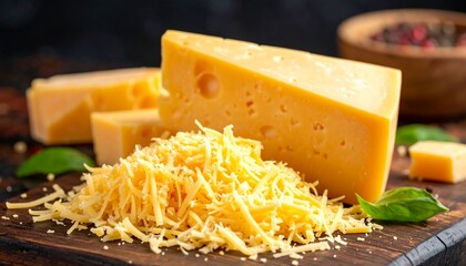 Artisanal cheese arrangement featuring both sliced and grated cheeses on wooden board
