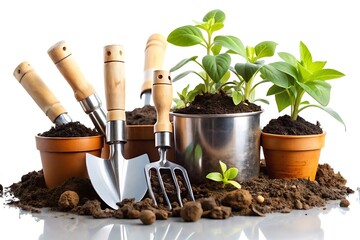 Set of gardening tools and potted plants