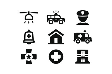 Collection of black emergency service icons on a white background vector