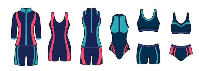 Vector set of contour colorful sports women swimsuits. Collection of outline sports wetsuits for swimming pools, cycling competitions and gymnastics.