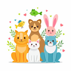 Naklejka premium Adorable Cartoon Animal Set Cat, Dog, Rabbit, Bear, and More!