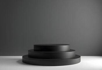 A modern and sophisticated tiered black cylindrical product display stand against a dark grey background, creating a minimalist setting perfect for showcasing luxury products or small items