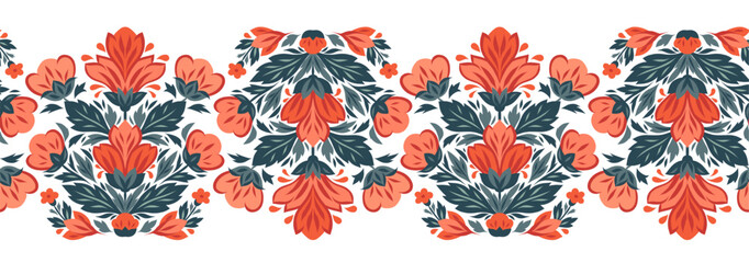 Vector seamless borders with decorative flowers. Folklore frieze with stylized red flowers. Floral horizontal border