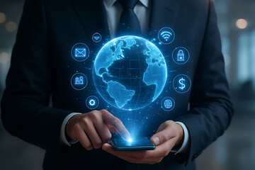 Businessman using smartphone with holographic globe and futuristic digital icons representing global communication and financial technology