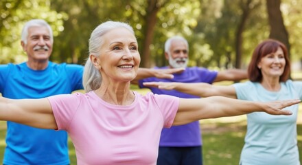 A group of smiling seniors actively participates in an outdoor exercise class in a park, enjoying healthy movement