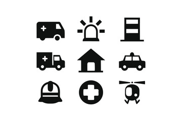 Set of emergency service icons including ambulance police car helicopter and medical cross vector