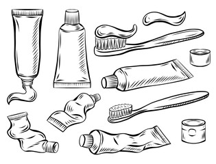 Vector set of outline toothbrush, tubes, tooth powder and toothpaste with hatching. Collection of drawing mouth hygiene items