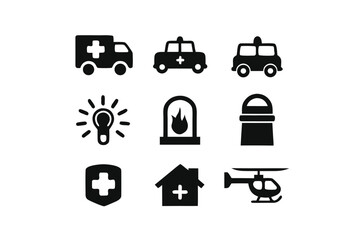 Set of nine black medical and emergency service icons on a white background ambulance helicopter
