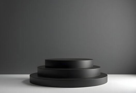 A modern and sophisticated tiered black cylindrical product display stand against a dark grey background, creating a minimalist setting perfect for showcasing luxury products or small items