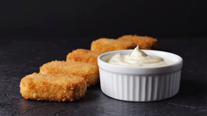 deep fried nuggets on surface with white sauce on dark background.ai 
