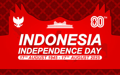 An elegant template design to commemorate Indonesia Independence Day, Indonesia's 80th Anniversary 2025. with batik motifs and the silhouette of the Nusantara IKN Building.