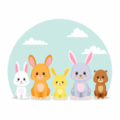 Obraz premium A charming vector illustration of a group of cute baby animals, including various colorful bunnies and a little bear cub, sitting together.